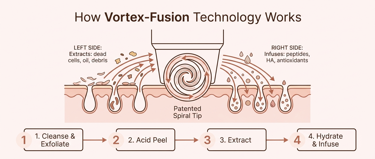 HydraFacial Vortex-Fusion mechanism — simultaneous extraction and serum infusion diagram
