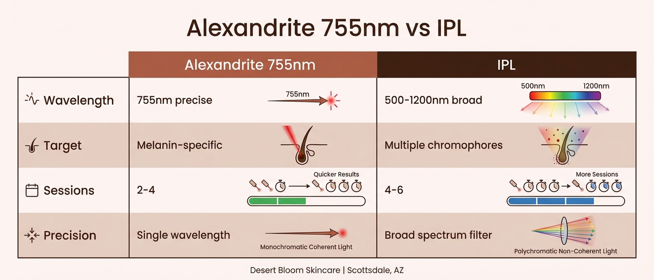 Alexandrite 755nm vs IPL comparison infographic — precision and session differences