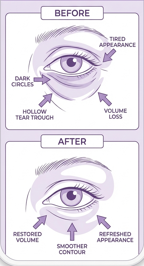 Under-eye tear trough anatomy — orbital fat pad and hollowing diagram