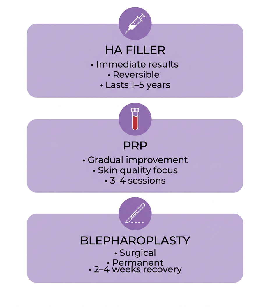 Tear trough filler options comparison — Juvederm Restylane and Belotero for under-eye treatment