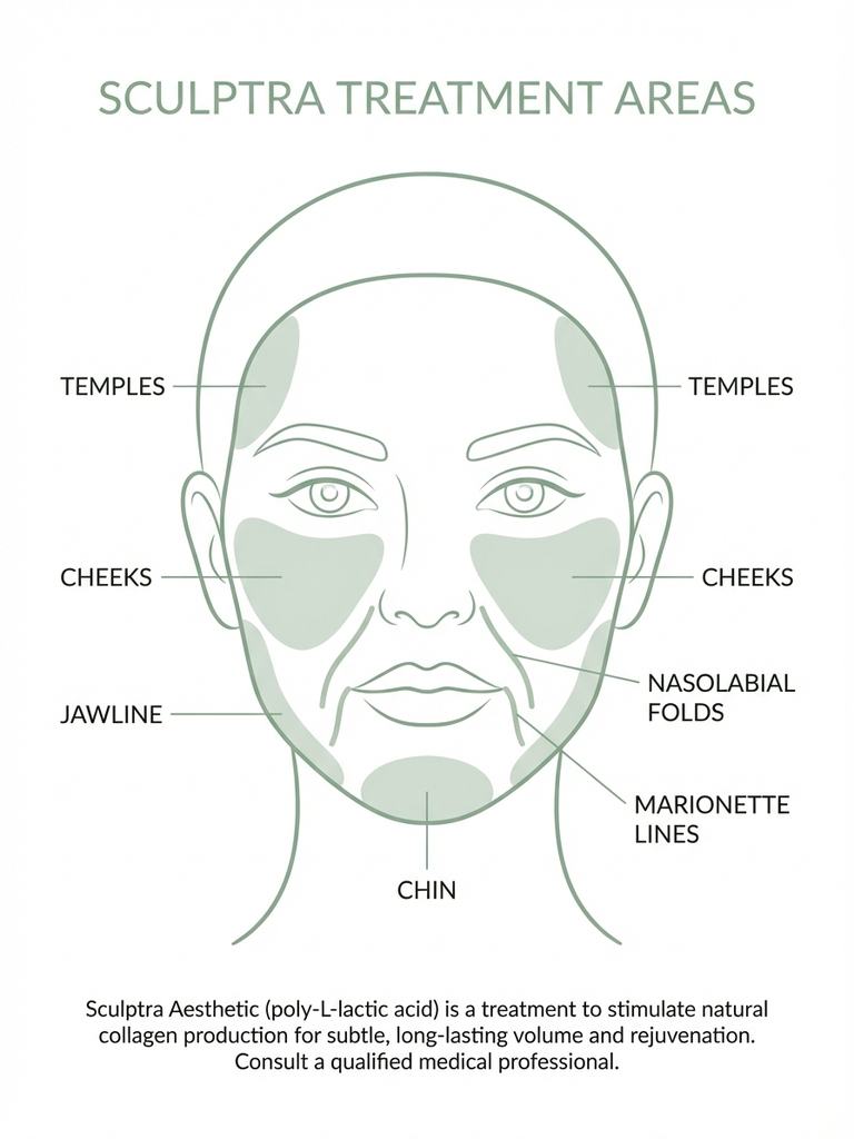 Sculptra injection areas — temples cheeks jawline and chin treatment zones
