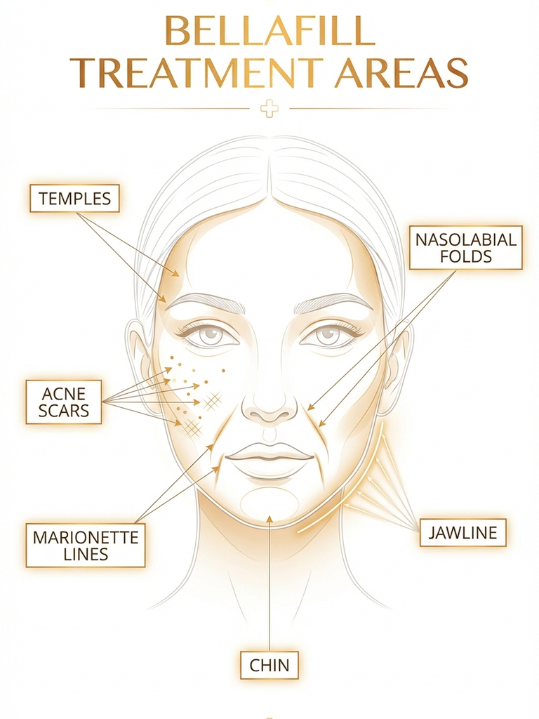 Bellafill treatment areas — nasolabial folds cheeks and acne scars injection zones