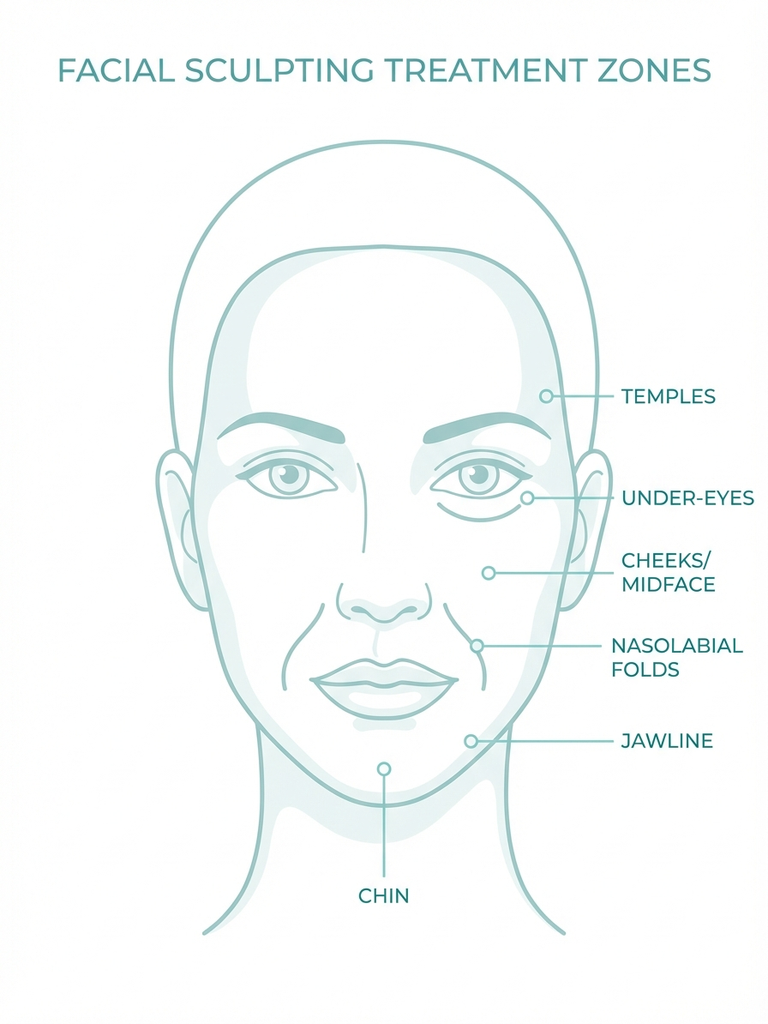 Facial sculpting treatment areas — cheeks jawline chin and temples injection zone map
