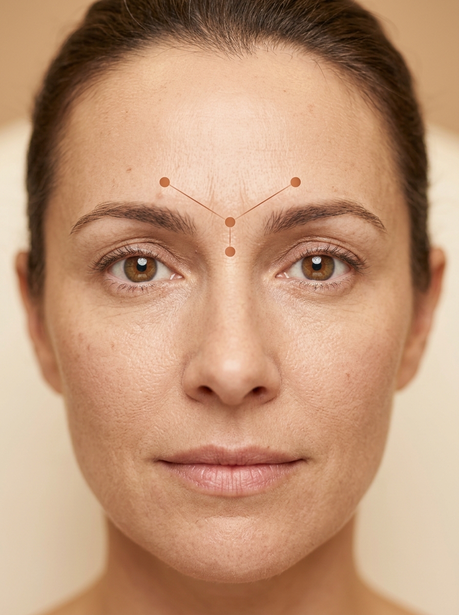 Daxxify injection points in the glabellar area between eyebrows