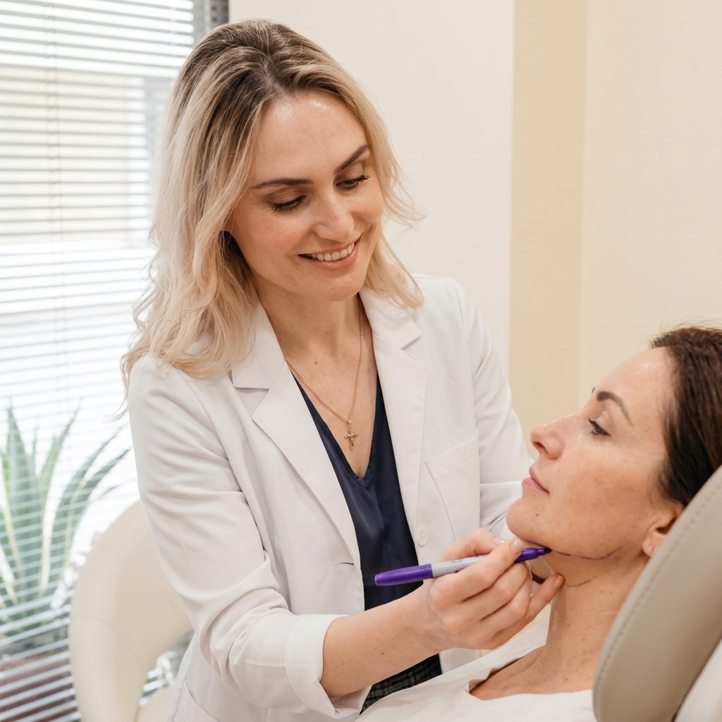 Dr. Borakowski marking jawline filler injection points on a patient at Desert Bloom Skincare, Scottsdale