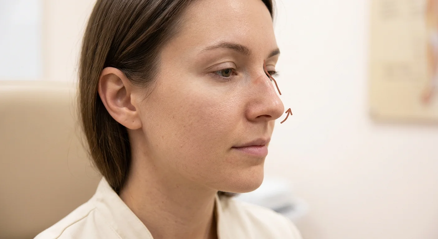 Side profile showing nasal concerns treatable with nose filler — dorsal bump and tip drooping