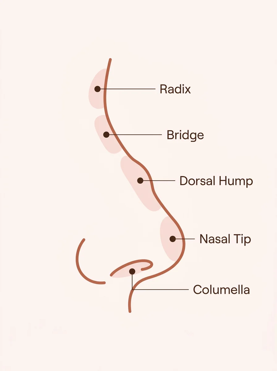 Liquid rhinoplasty treatment zones — bridge, dorsal hump, nasal tip, and radix diagram
