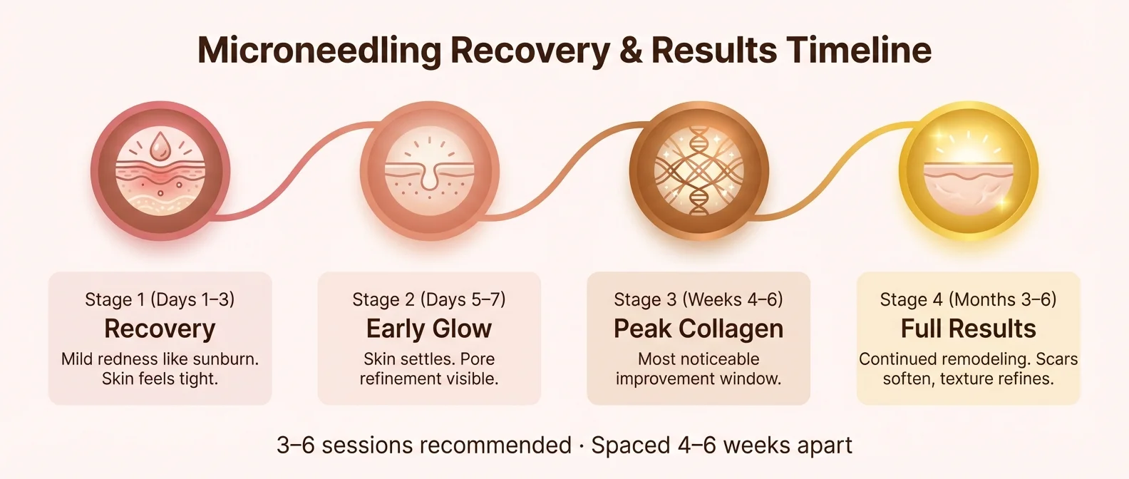 Microneedling recovery timeline — day 1 through month 6 results progression