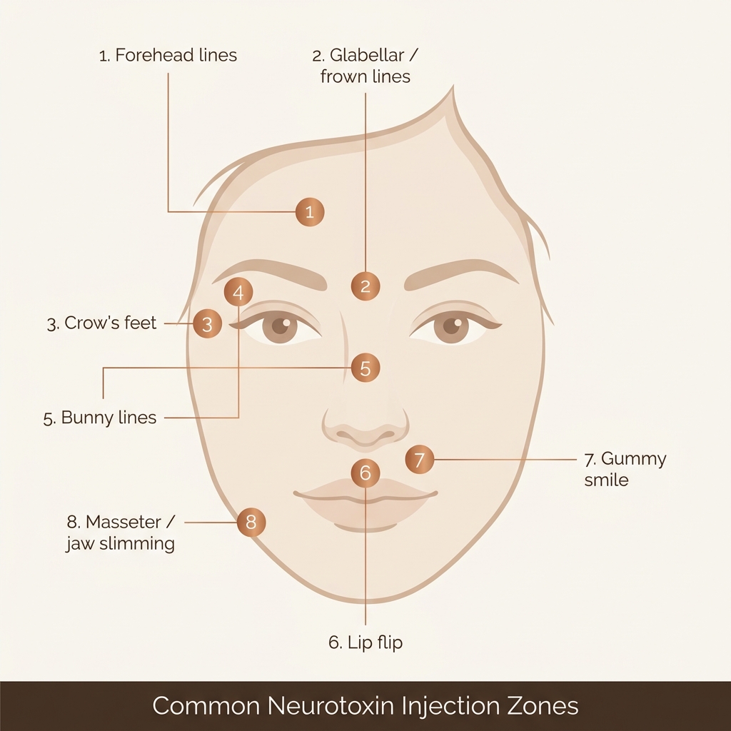 Diagram illustrating facial anatomy zones relevant to aesthetic injection technique
