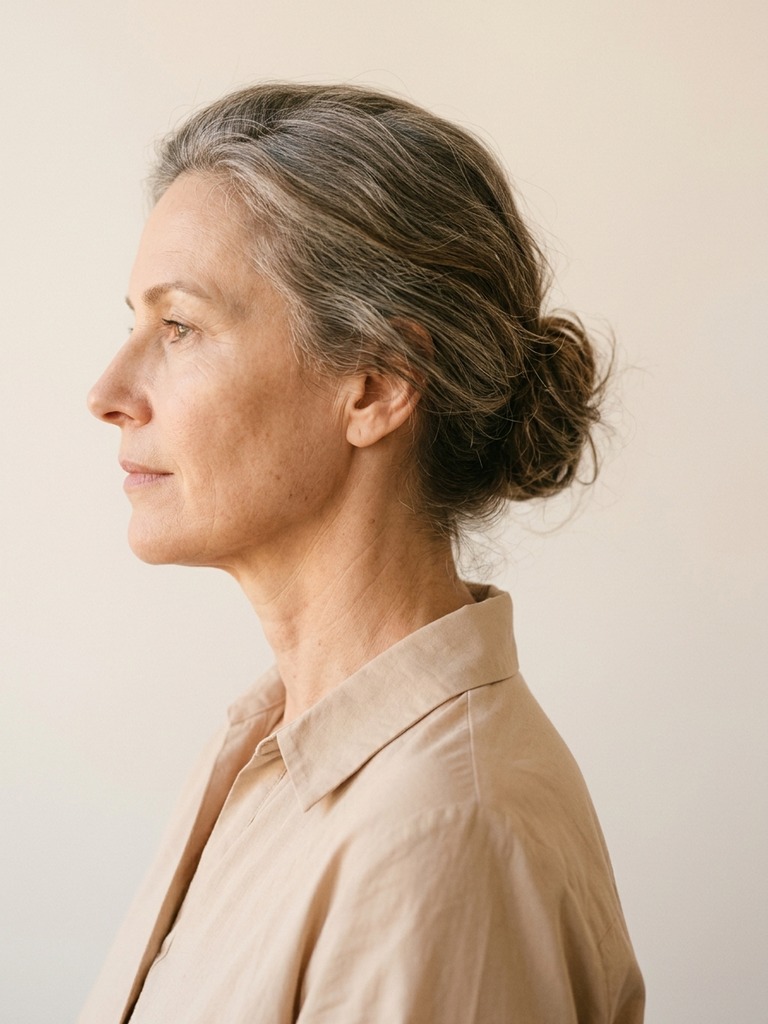 Mature woman's natural side profile with maintained jawline contour