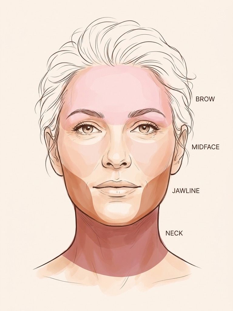 Non-surgical facelift treatment zones — brow, midface, jawline, and neck