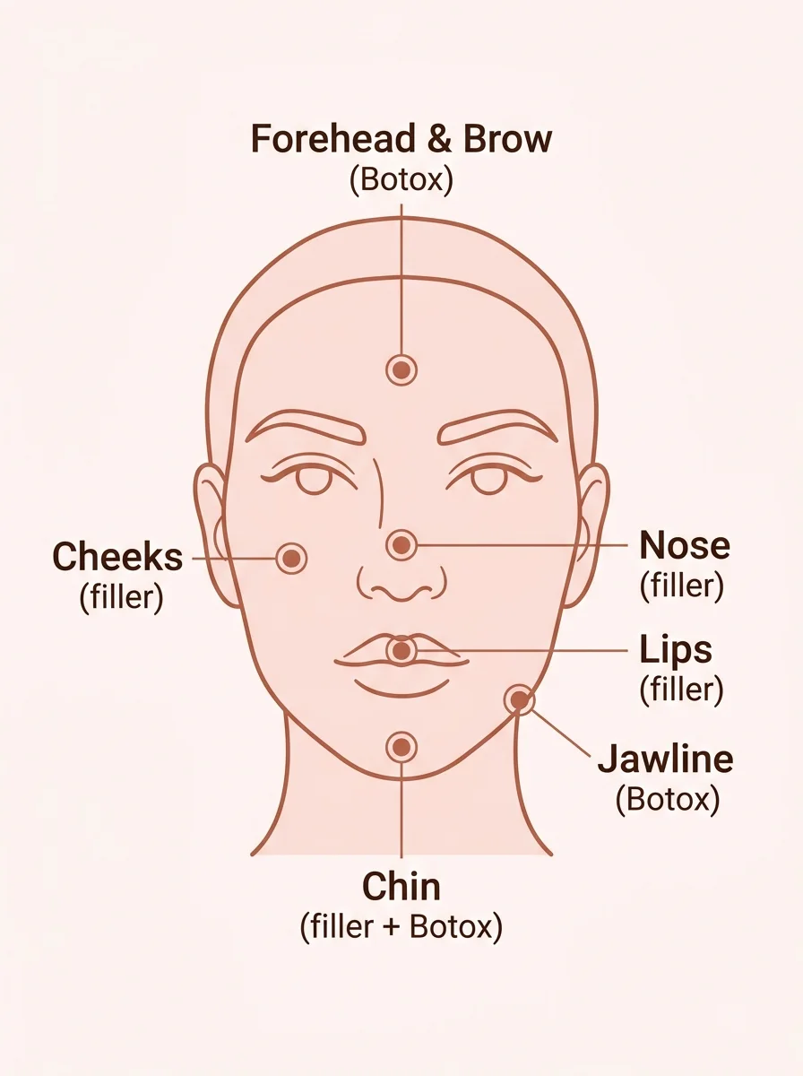 Facial feminization treatment zones — forehead, cheeks, nose, lips, jawline, and chin