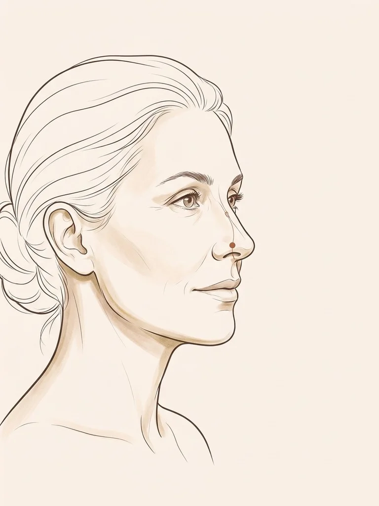 PDO nose thread lift side profile — single entry point at base of nasal tip