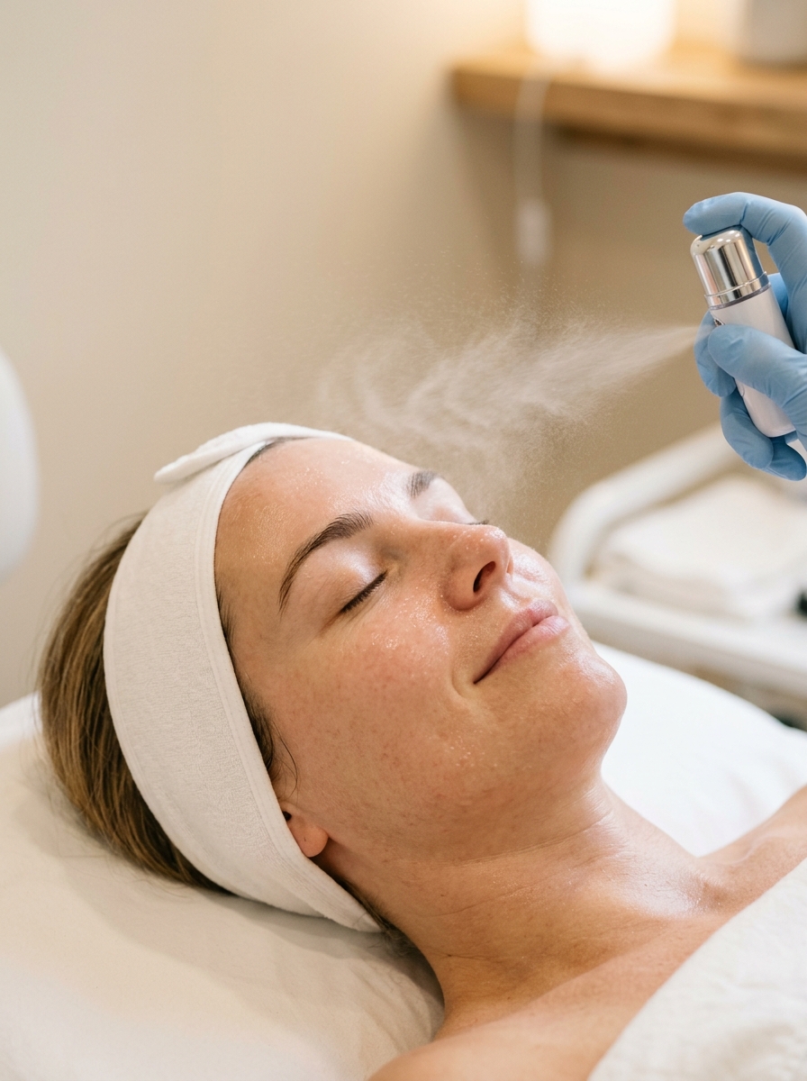 Vitamin oxygen mist — final step of oxygen facial treatment locking in hydration