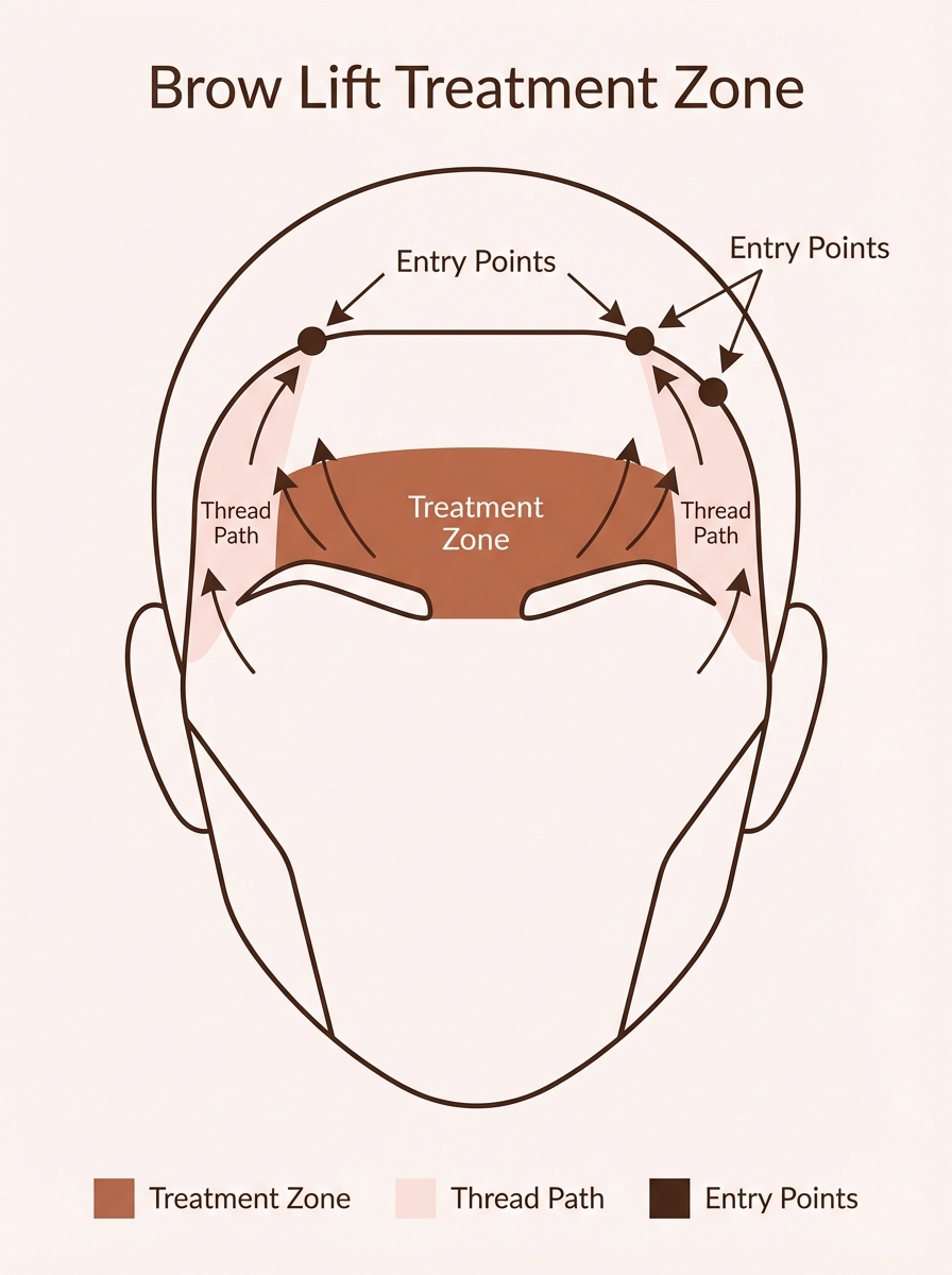 Brow lift treatment zone diagram showing thread path and entry points