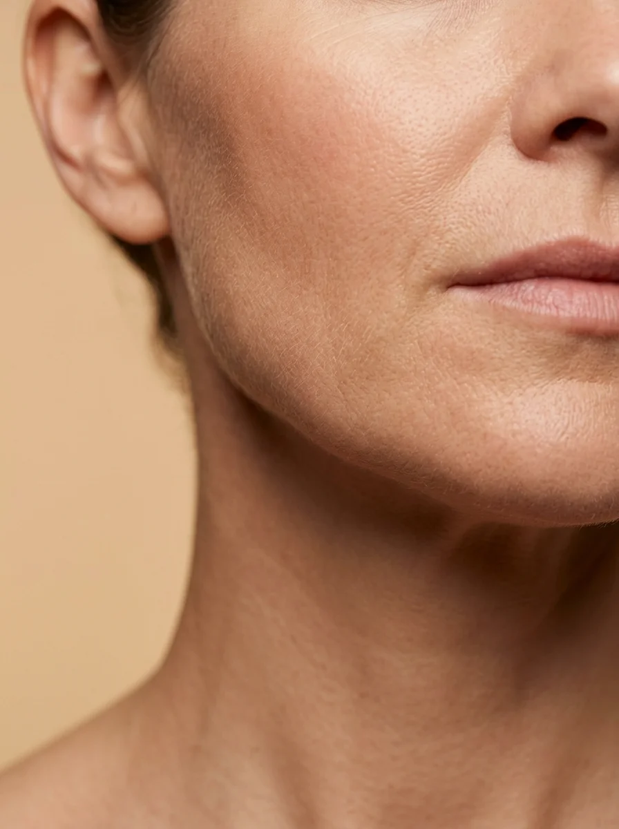 Close-up of jawline showing natural skin texture and firmness after collagen stimulation