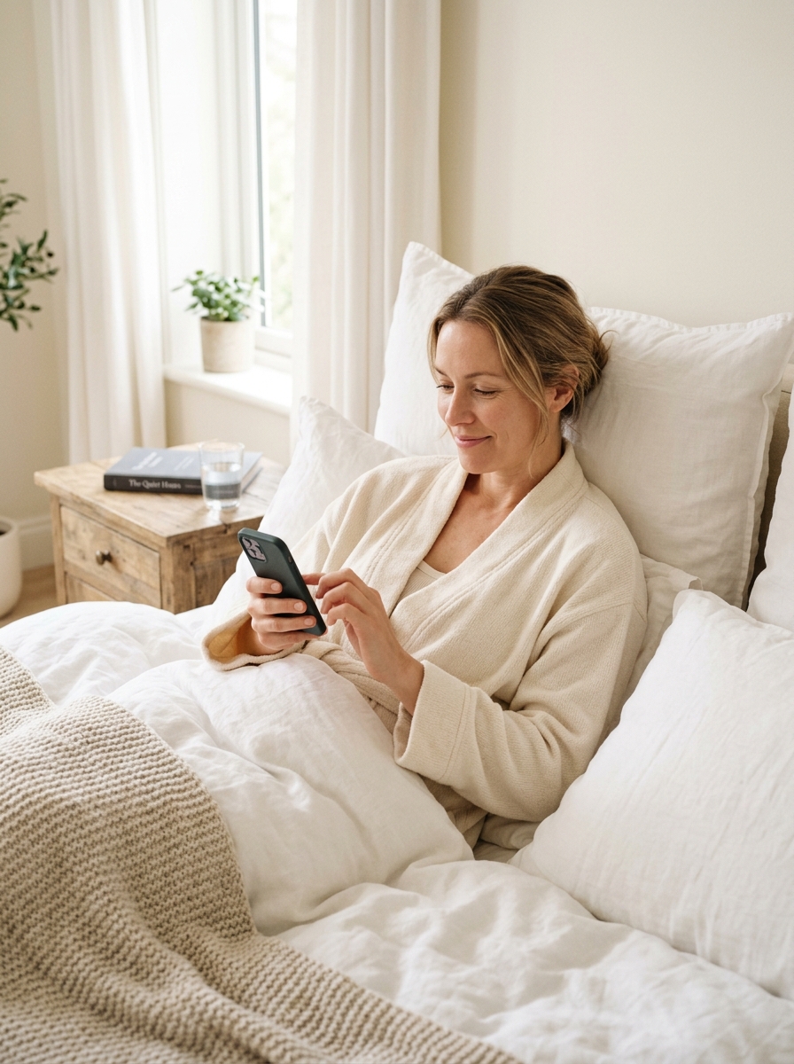 Woman resting comfortably at home after PDO thread lift procedure