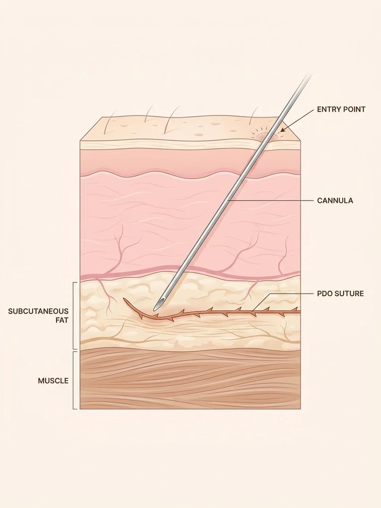 PDO thread placement diagram — cannula inserting absorbable suture in superficial fat layer