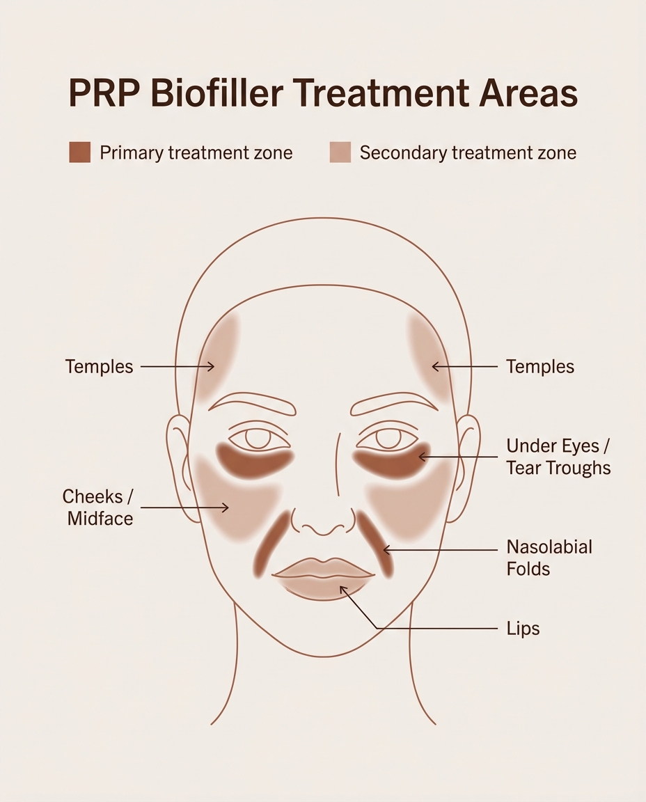 PRP biofiller treatment areas — under eyes temples cheeks lips