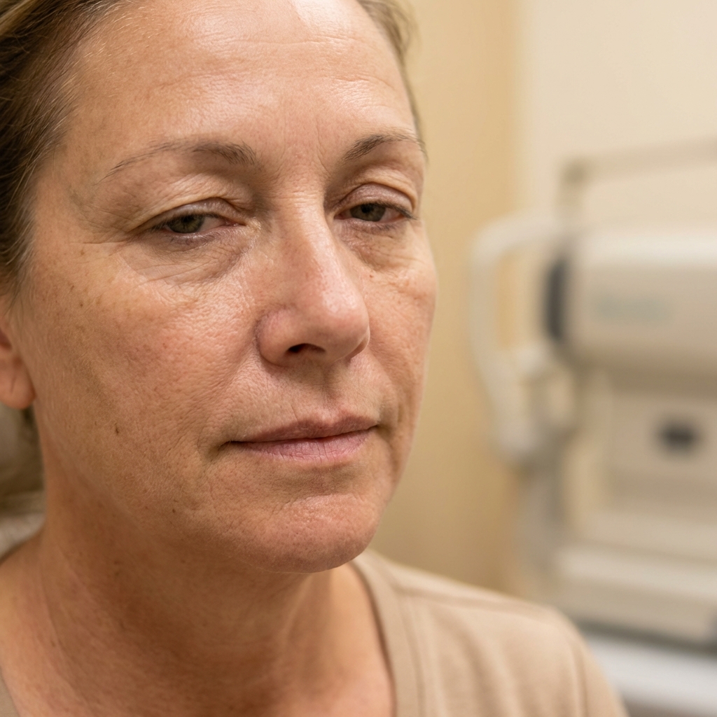 Anatomy diagram showing brow descent and dermatochalasis — the two most common drivers of pseudo-ptosis
