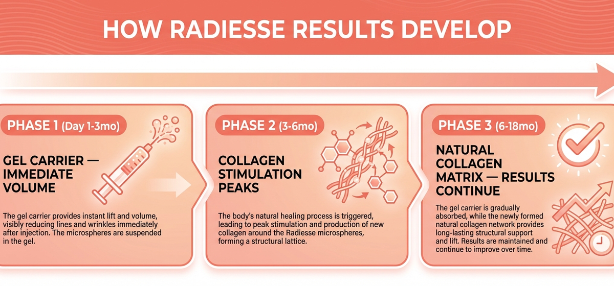 Radiesse results timeline — immediate volume through collagen stimulation to long lasting results