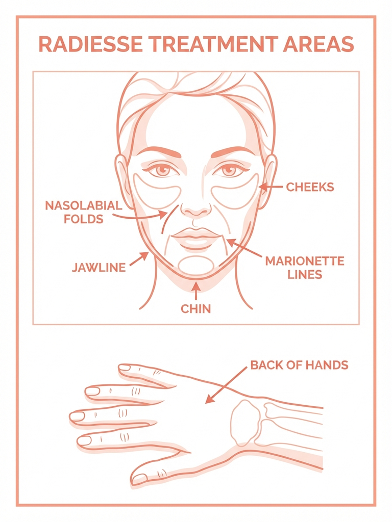 Radiesse filler treatment areas — face, jawline, cheeks, chin, hands infographic