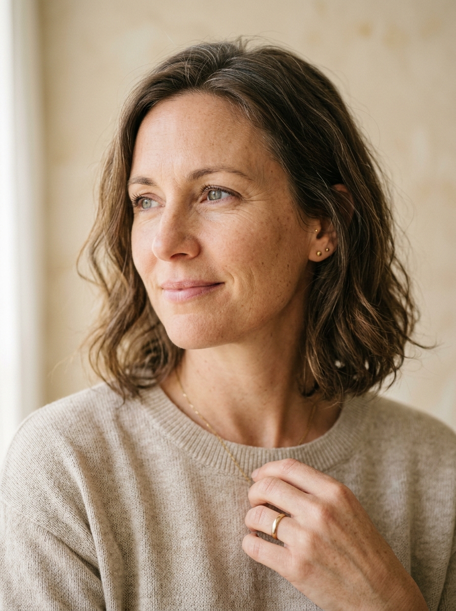 Woman considering Restylane filler — natural beauty with visible fine lines