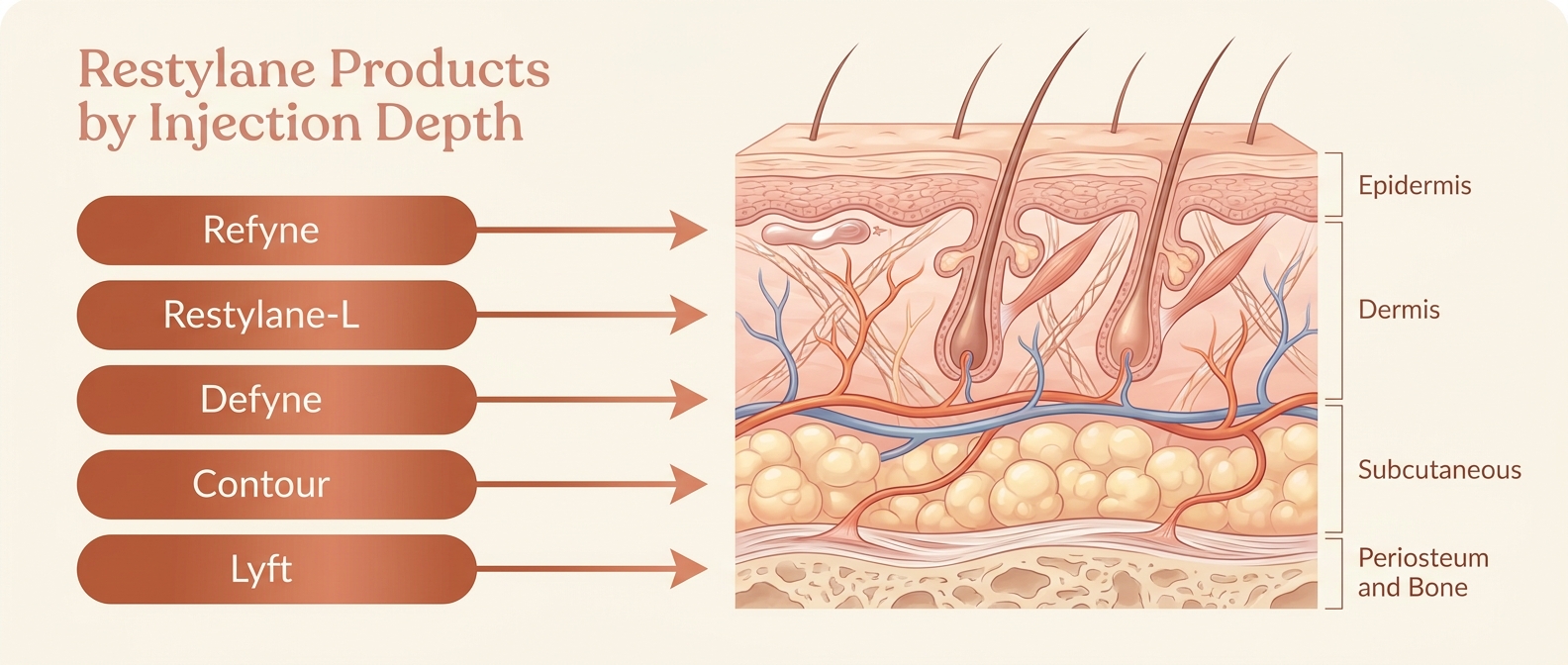 Restylane products by injection depth — Refyne, Restylane-L, Defyne, Contour, and Lyft placement in skin layers