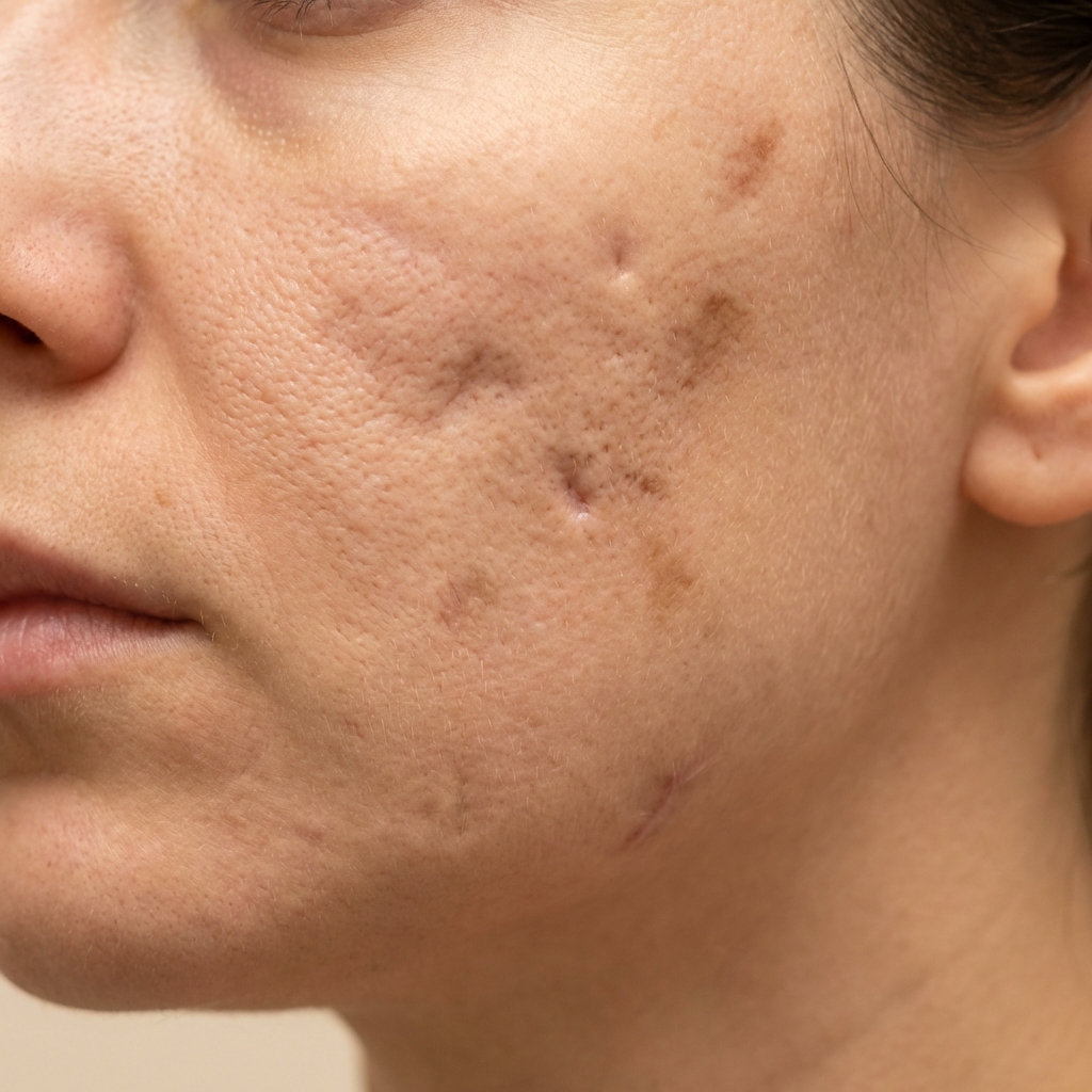 Close-up showing different scar types — atrophic, hypertrophic, keloid, and pigmented — at Desert Bloom Scottsdale