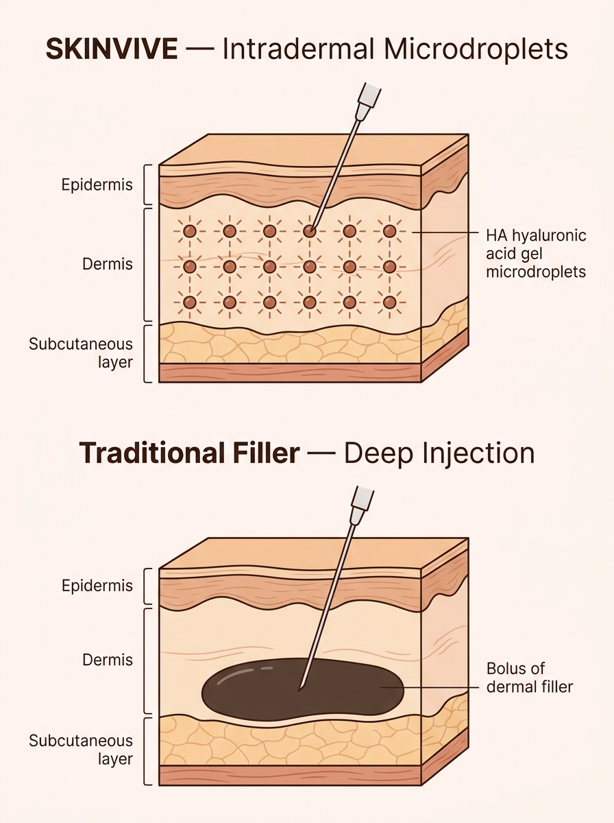SKINVIVE microdroplet injection diagram showing hyaluronic acid placed within the dermis