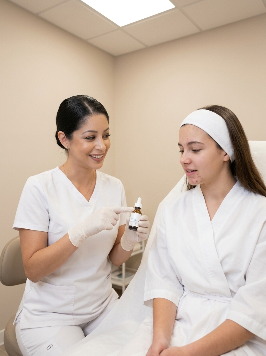Debbie Valenzuela providing skincare education to teen client at Desert Bloom Skincare