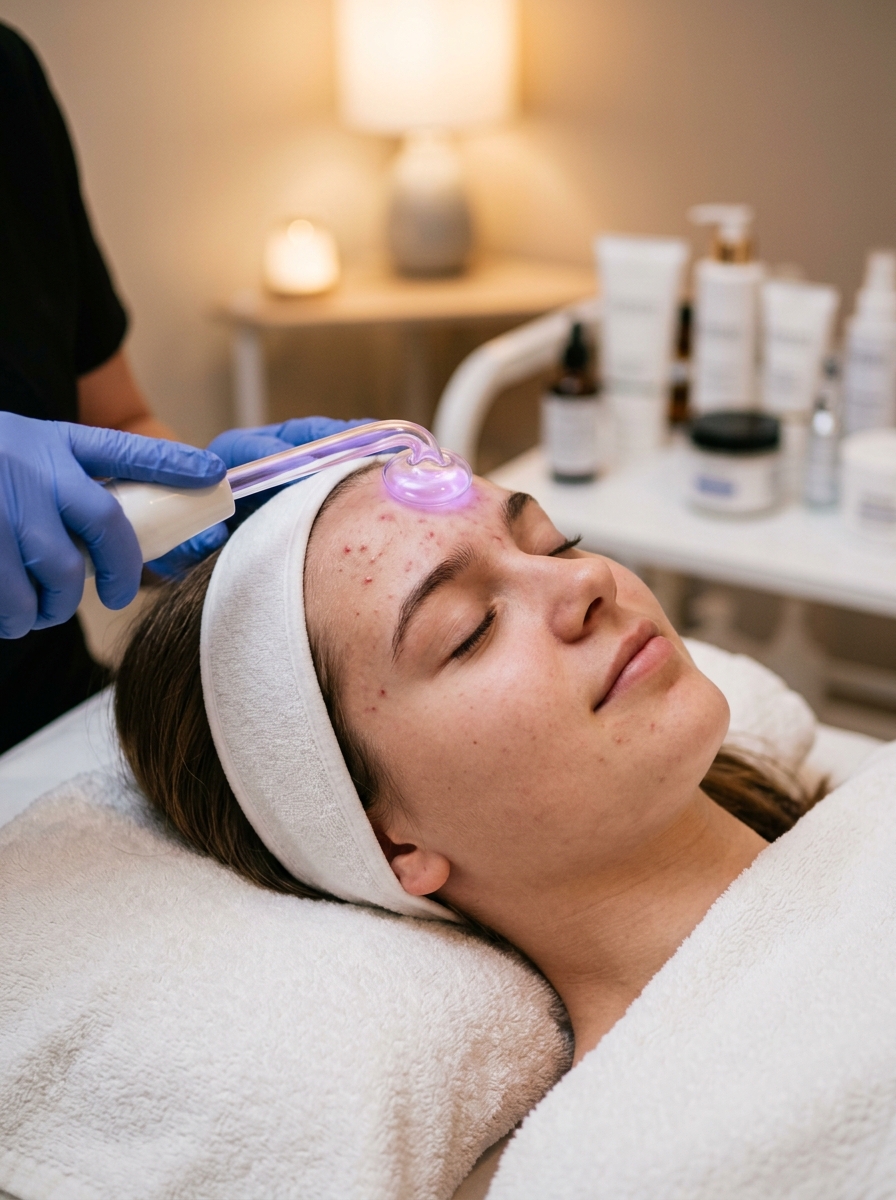 High-frequency treatment during teen facial — gentle antibacterial therapy for acne
