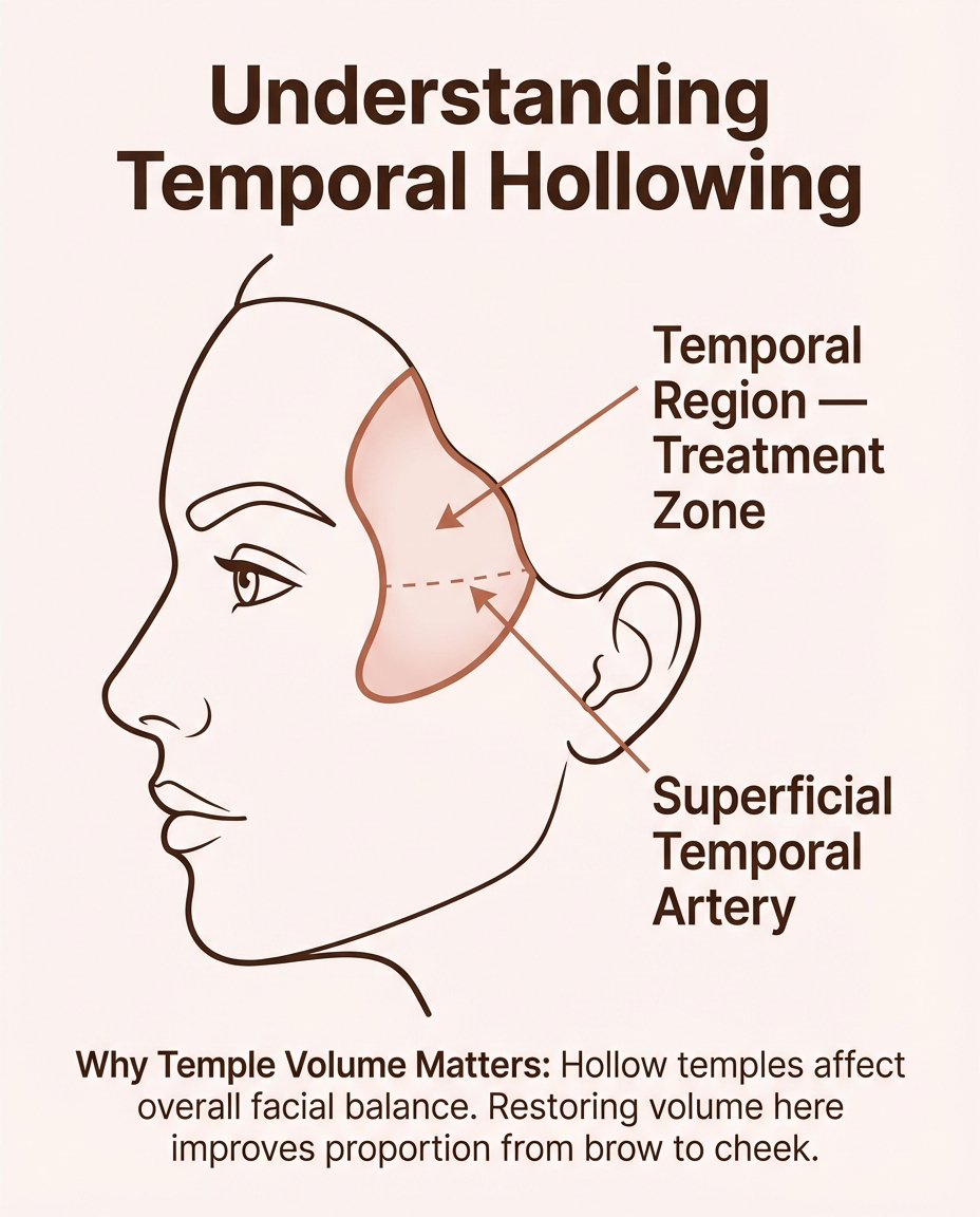 Temporal hollowing anatomy — where temple filler is placed