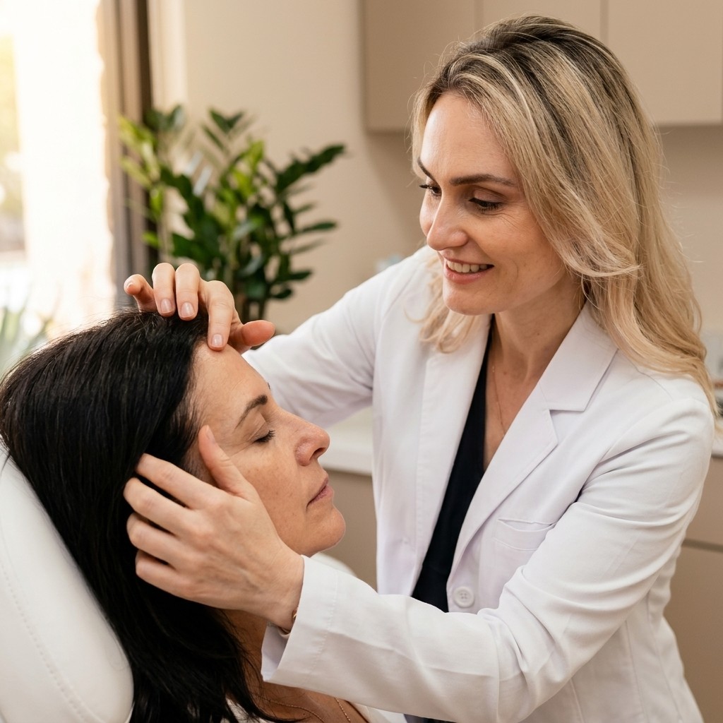 Dr Natalya Borakowski assessing temple area for filler treatment at Desert Bloom Scottsdale