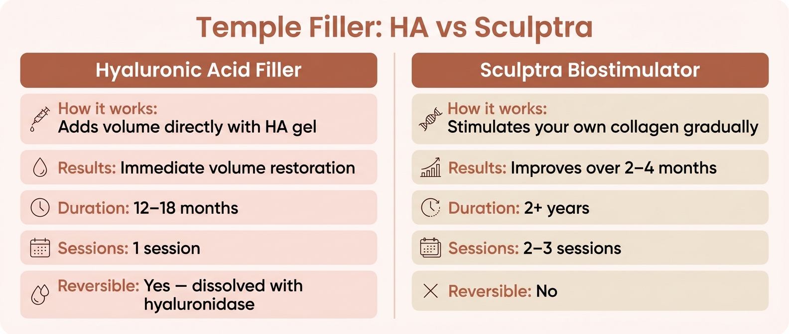 Temple filler comparison — HA filler vs Sculptra vs Bellafill
