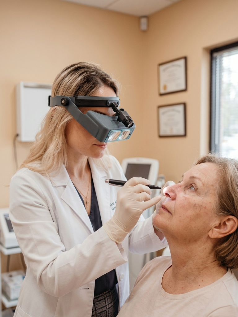 Doctor examining facial spider veins before KTP laser vein removal treatment