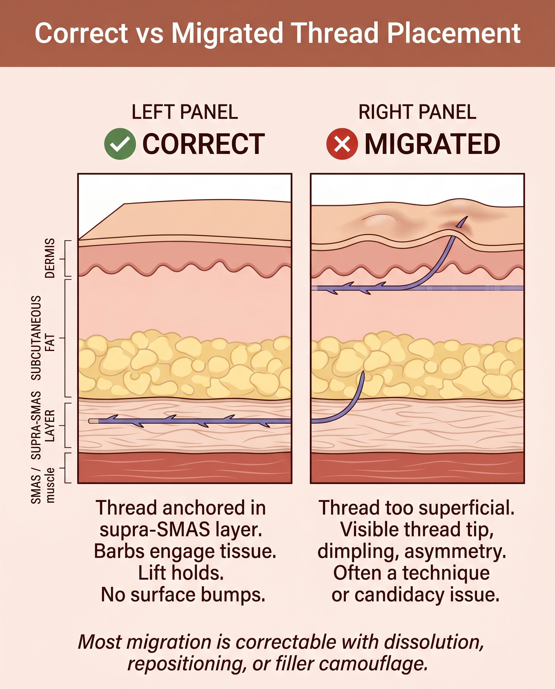 Anatomical cross-section comparing correct supra-SMAS thread placement vs migrated superficial thread placement that produces visible bumps and dimpling