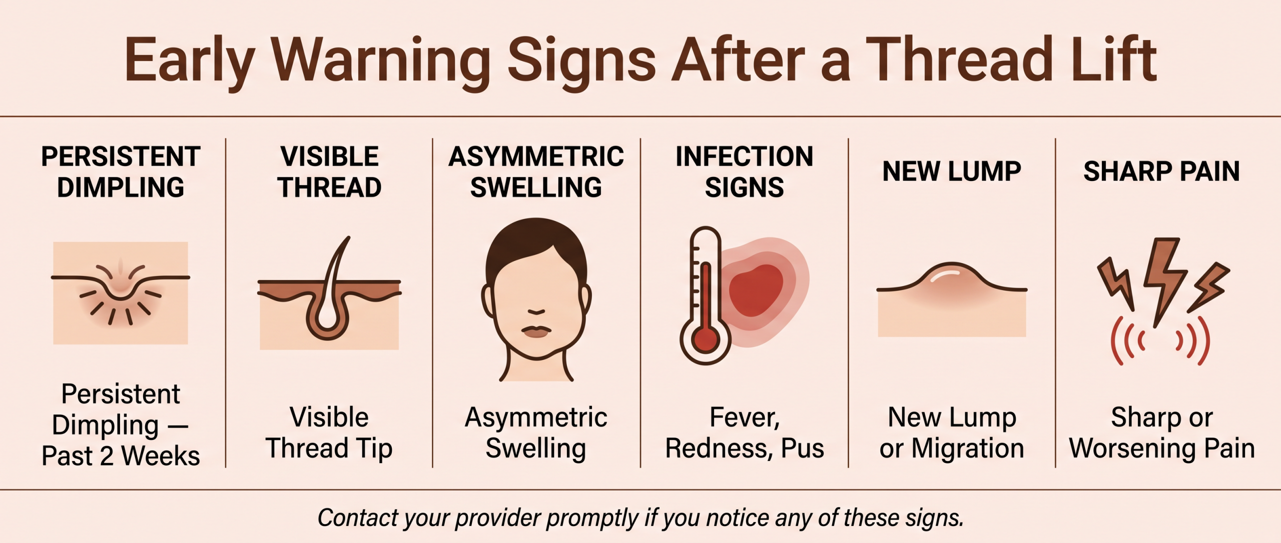 Early warning signs after a thread lift — six clinical signs to watch for: persistent dimpling, visible thread tip, asymmetric swelling, infection signs, new lump, sharp pain