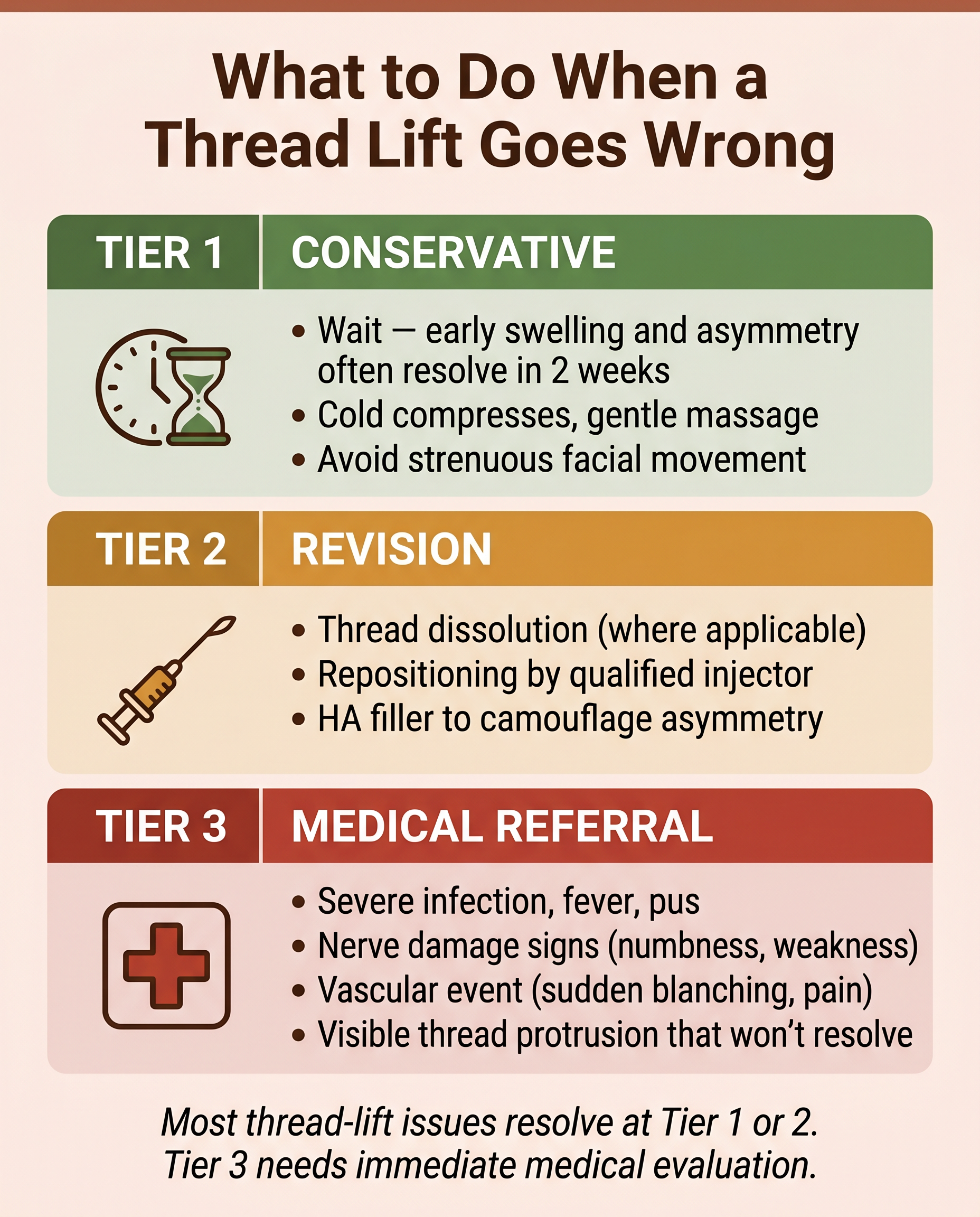 Three-tier action plan for thread lift complications: conservative (wait, massage), revision (dissolution, repositioning, filler), and medical referral for severe cases