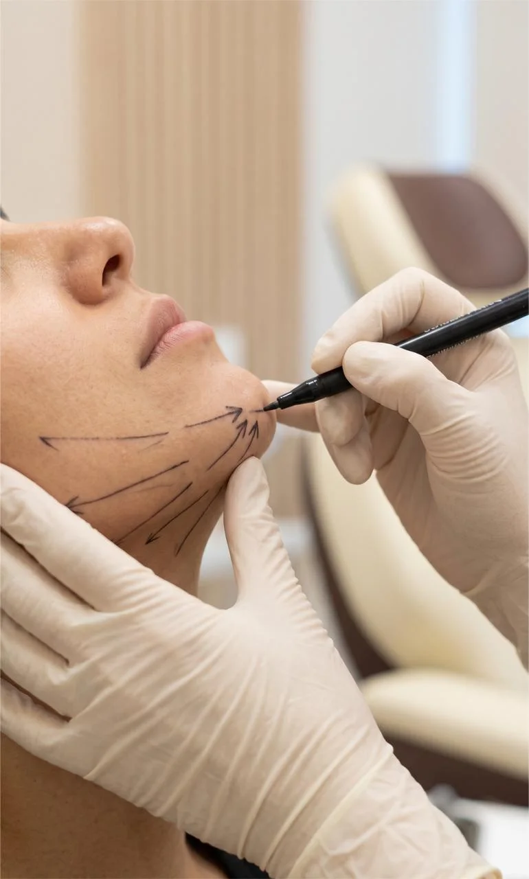 Pre-procedure facial marking before a thread lift — clinician using a sterile pen to map jawline contour vectors before cannula placement