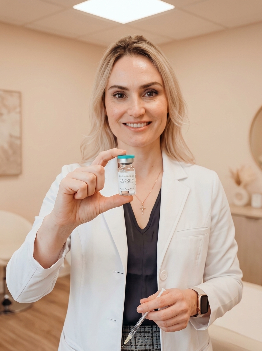 Dr. Borakowski holding Daxxify vial — peptide-powered neurotoxin