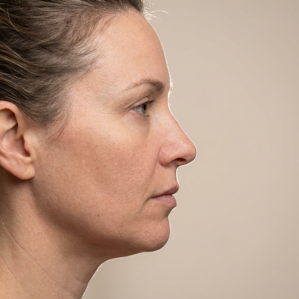 Profile diagram contrasting skeletal hypoplasia versus soft-tissue volume loss as drivers of a weak chin