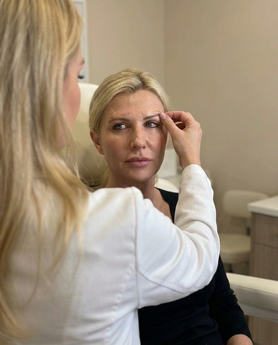 Dr. Natalya Borakowski examining a brow lift candidate during the diagnostic consultation