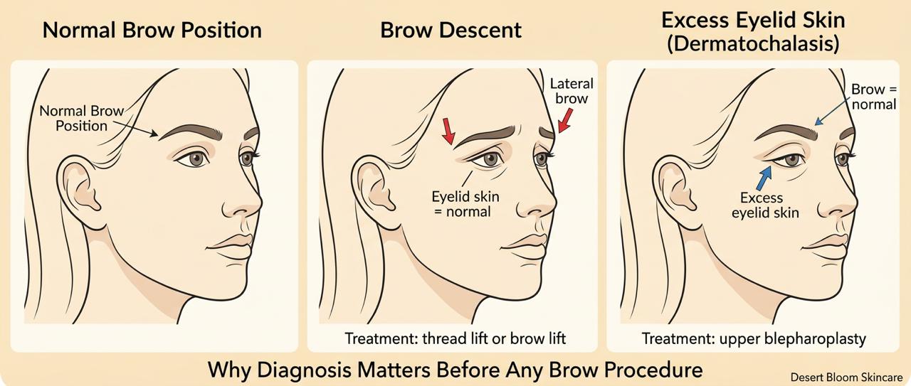 Diagnostic comparison: normal brow position, lateral brow descent (treated with thread lift or brow lift), and excess eyelid skin / dermatochalasis (treated with upper blepharoplasty). Why accurate diagnosis matters before any brow procedure.