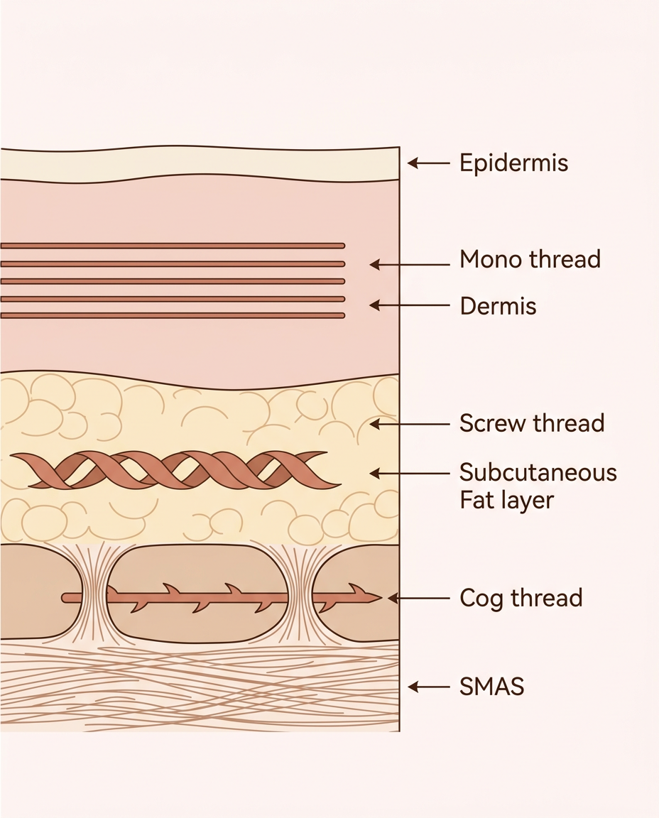 Anatomical cross-section showing PDO thread placement by skin layer — mono in dermis, screw in subcutaneous fat, cog in subcutaneous SMAS layer