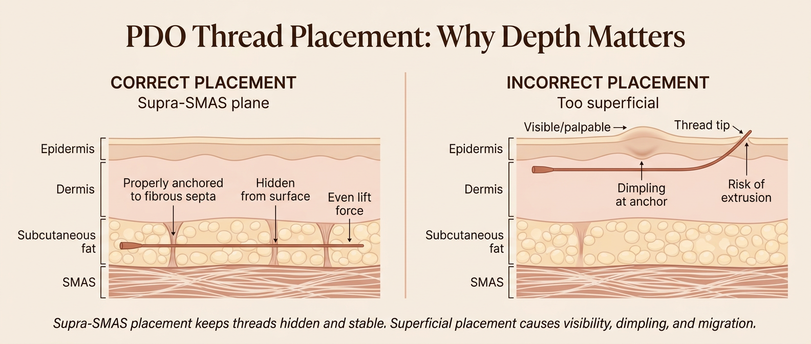 PDO thread placement depth comparison — correct supra-SMAS placement keeps threads hidden and stable, while superficial placement causes visibility, dimpling, and migration