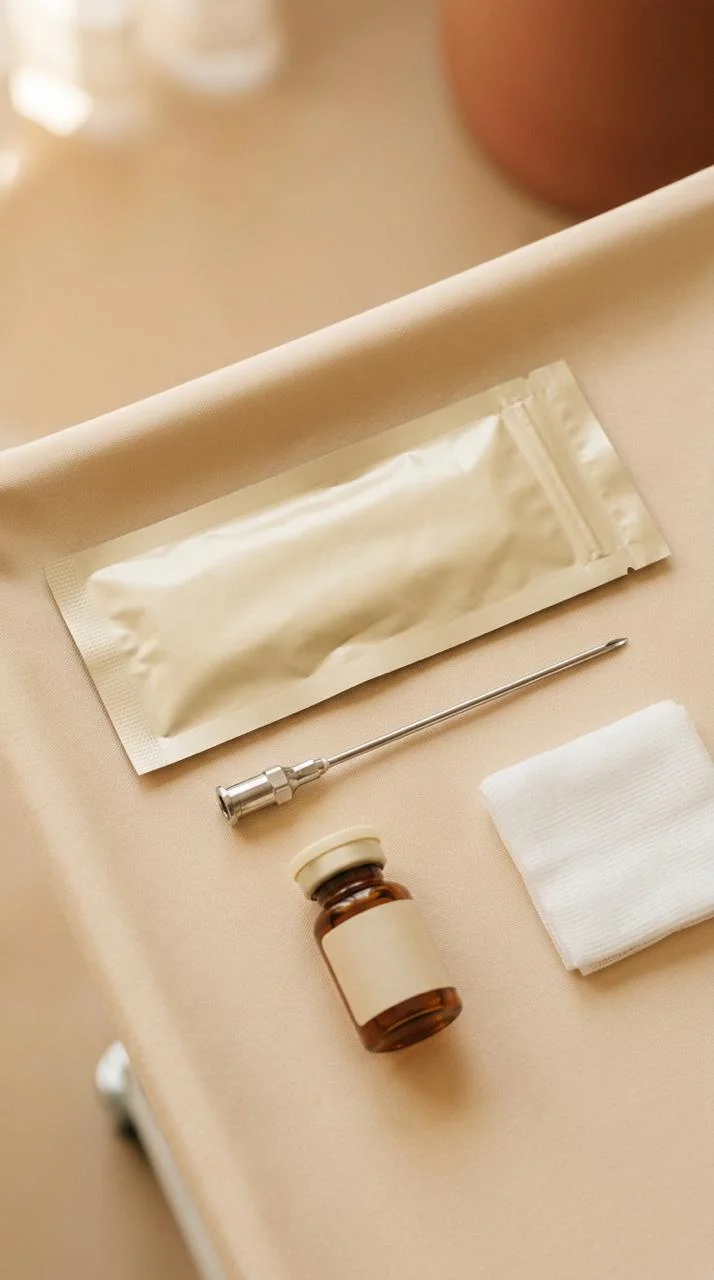Sterile clinical tray with PDO thread sachet, medical cannula, sterile gauze, and amber vial at Desert Bloom Skincare — warm beige aesthetic palette
