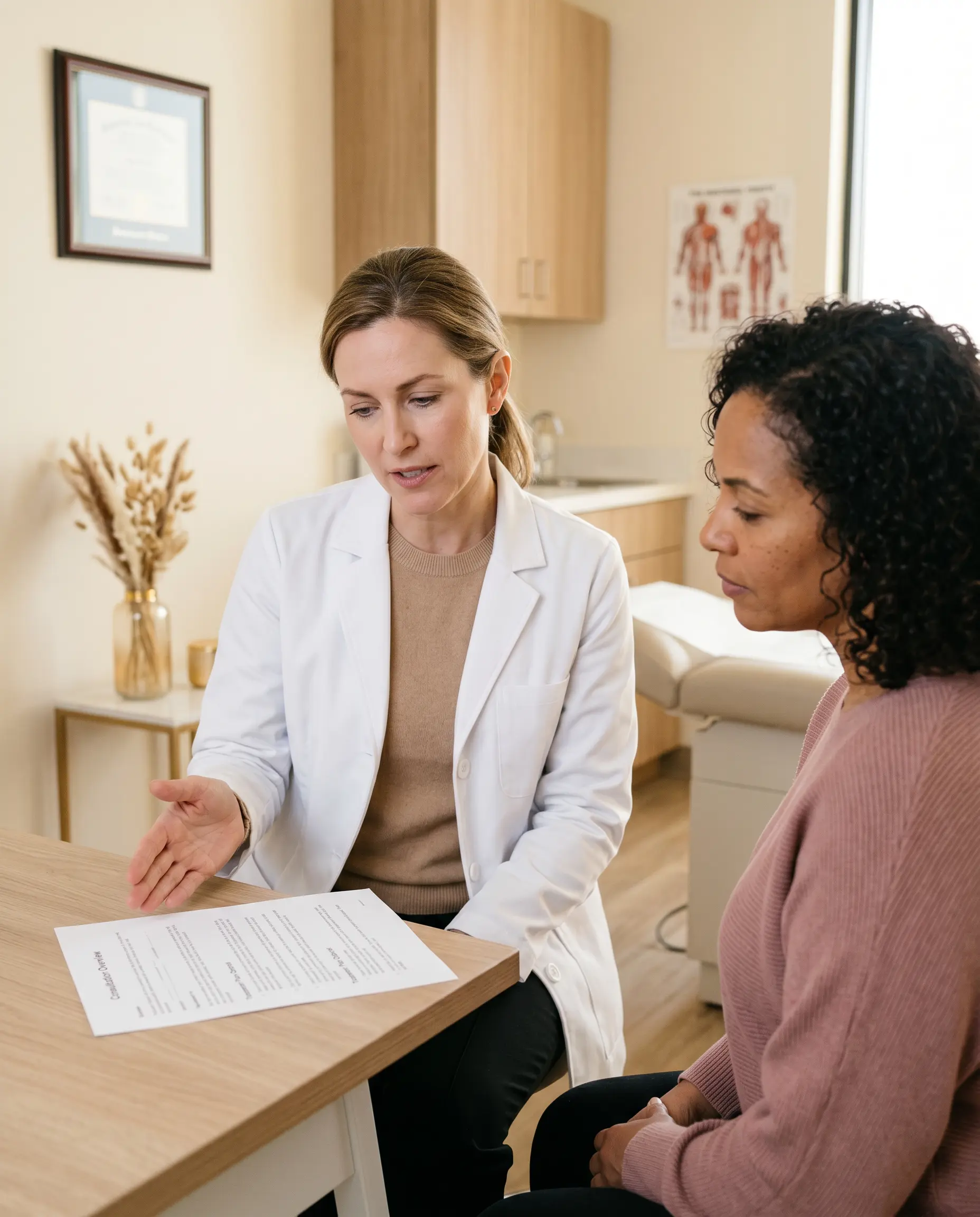 Consultation at Desert Bloom Skincare — patient and provider reviewing skin tightening treatment plan