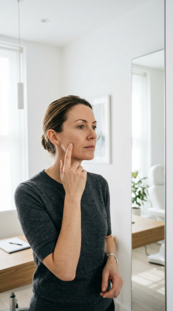 Woman examining facial changes in mirror after weight loss — GLP-1 facial side effects consultation at Desert Bloom Scottsdale