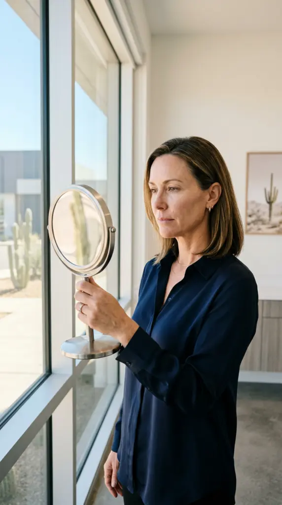 Woman examining facial volume changes in clinic mirror — Wegovy face changes assessment at Desert Bloom Skincare Scottsdale